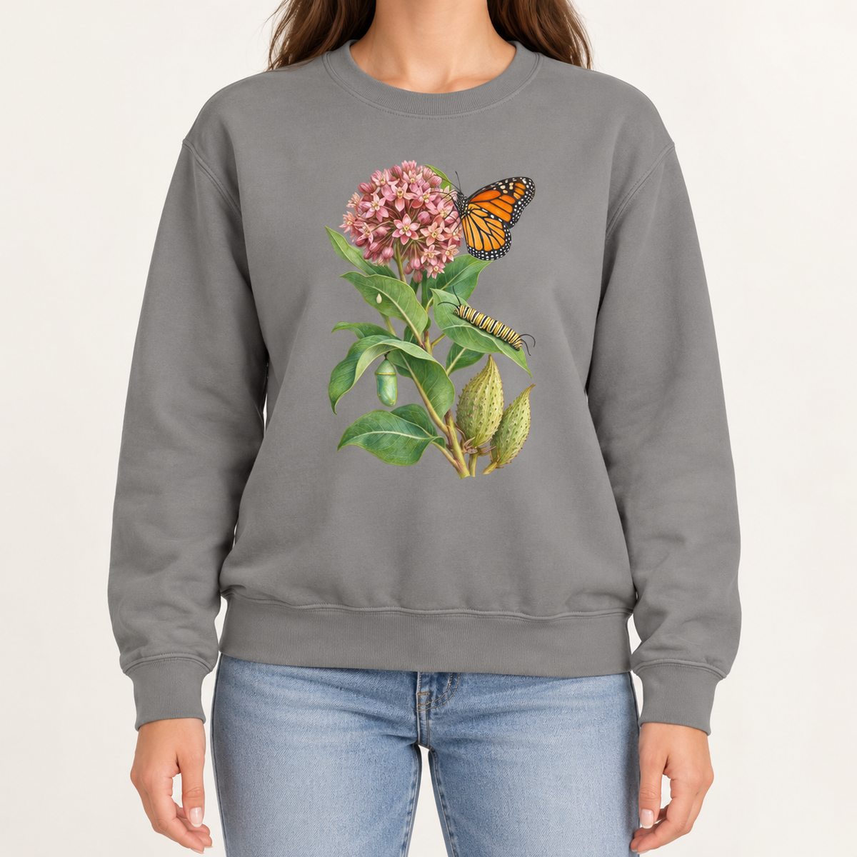 Milkweed and monarch life cycle sweatshirt in Grey, monarch butterfly and milkweed botanical print