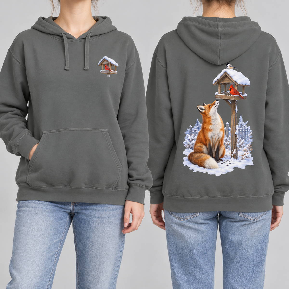 Beneath the Feeder hoodie in Grey, front cardinal feeder crest and back fox print