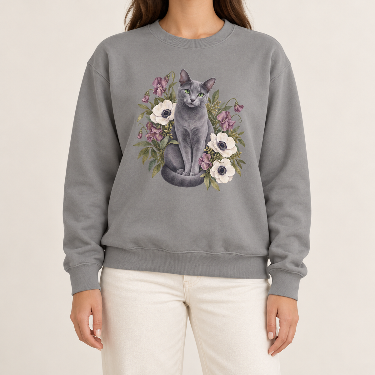 Grey Russian Blue cat botanical sweatshirt, wildflower print on a garment-dyed Comfort Colors crewneck