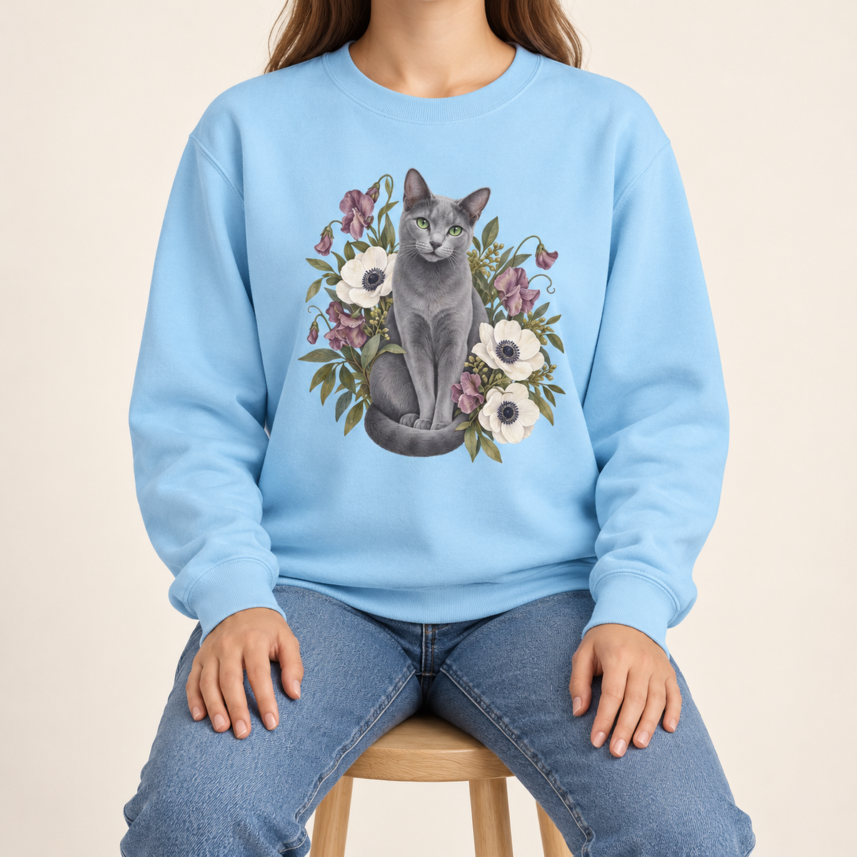 Grey Russian Blue cat botanical sweatshirt shown in detail, wildflower and foliage print on garment-dyed fleece