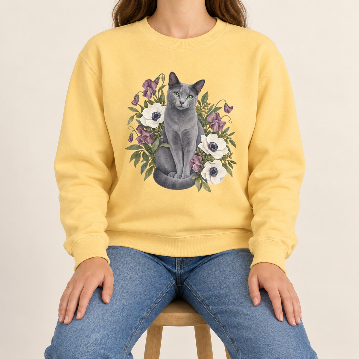Grey Russian Blue cat floral sweatshirt, full color botanical print on a garment-dyed Comfort Colors crewneck