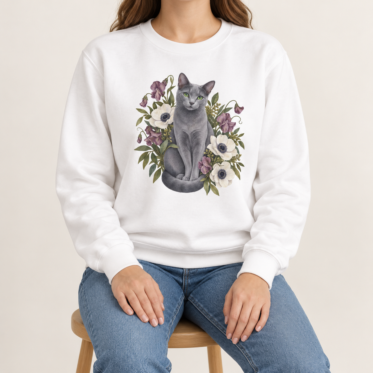 Grey Russian Blue cat wildflower sweatshirt, botanical portrait printed large and centered on the chest