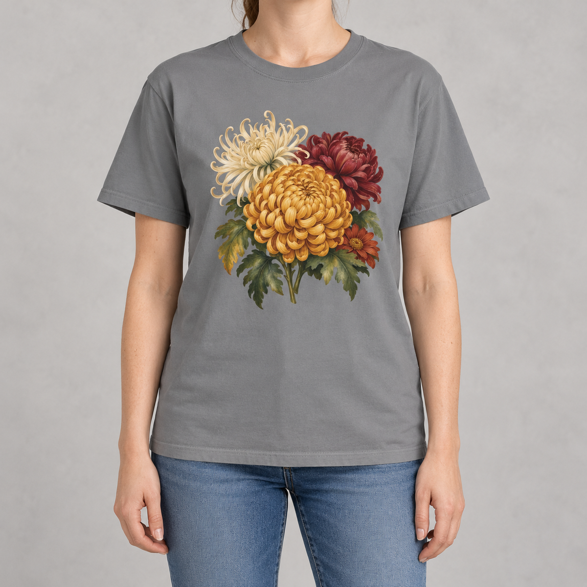 Chrysanthemum T-shirt in Grey, watercolor chrysanthemum bouquet