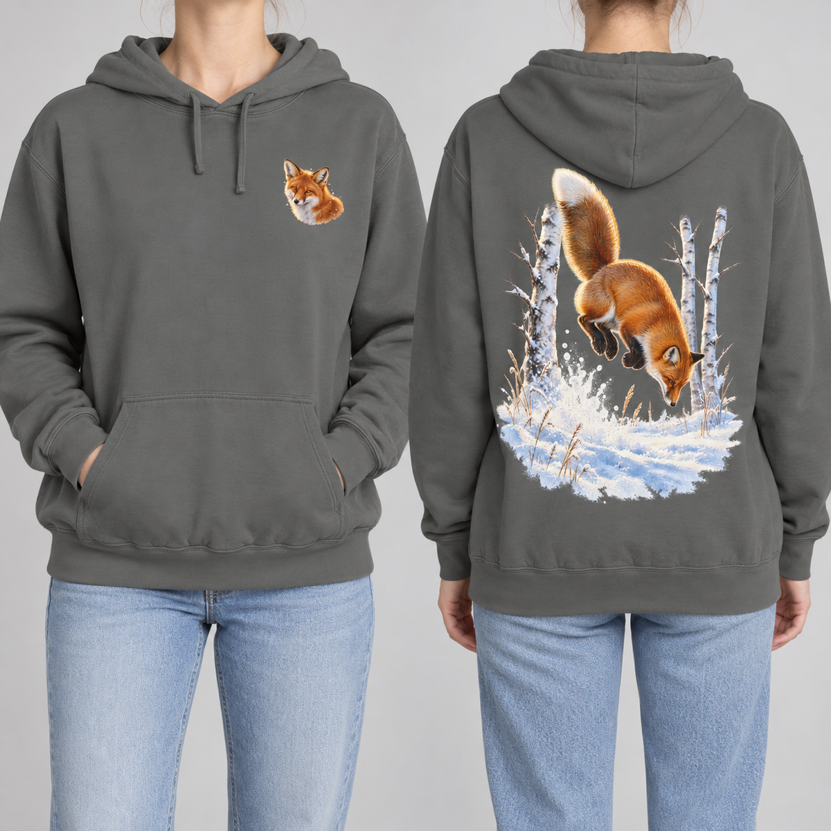 Red Fox Pounce hoodie in Grey, front fox crest and back pounce print