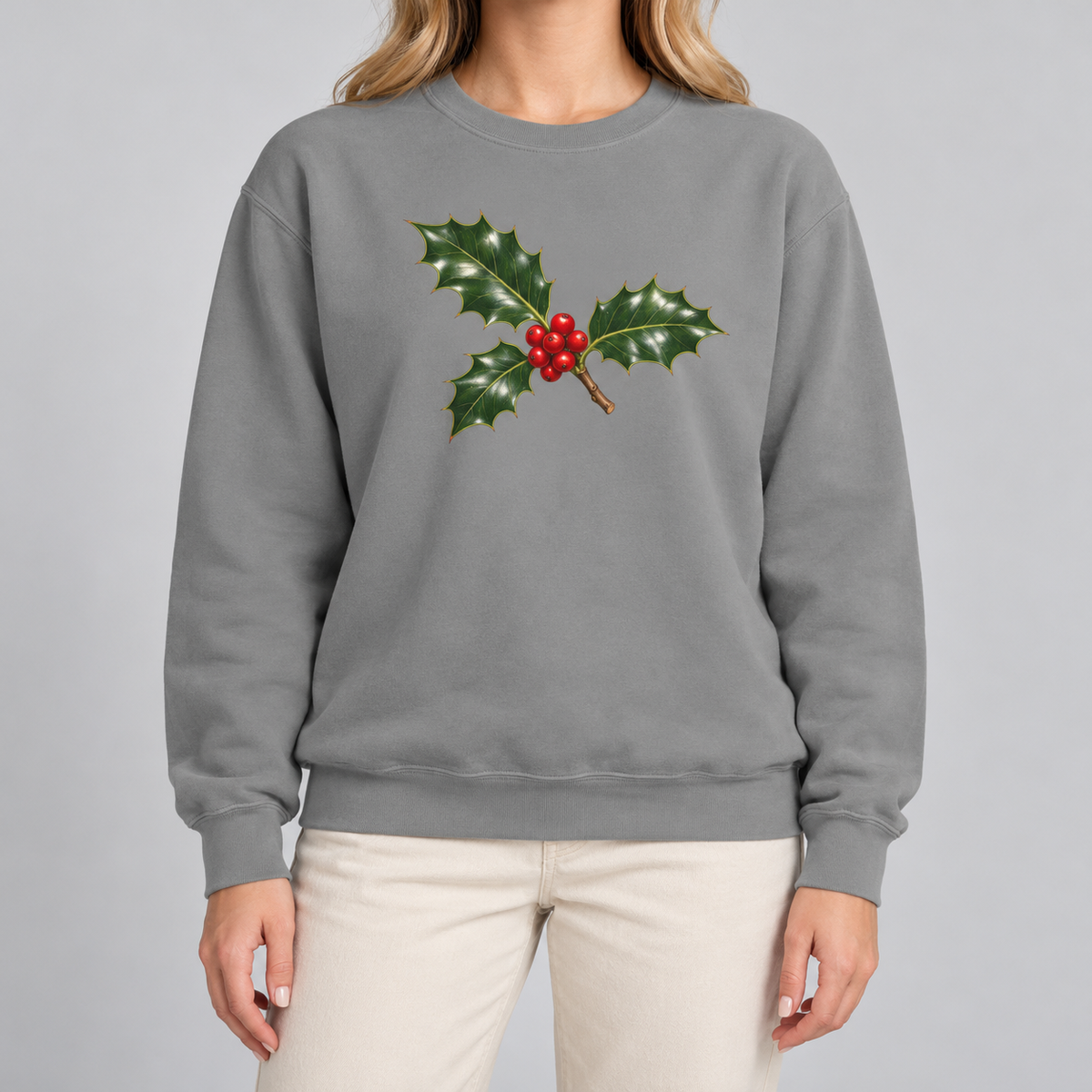 Holly sweatshirt in Grey worn, holly sprig with red berries