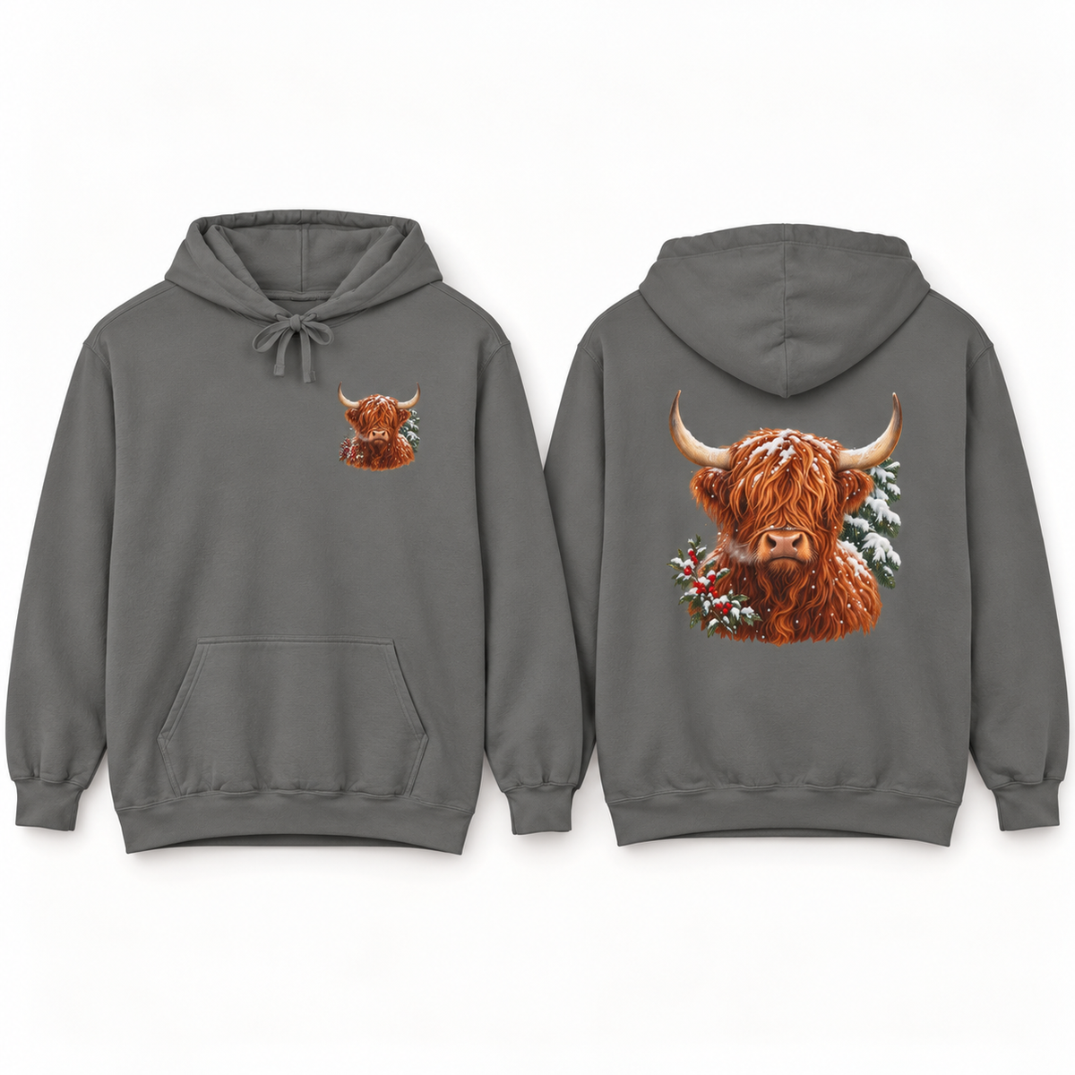 Winter Highland Cow hoodie in Grey, front crest and back portrait shown side by side