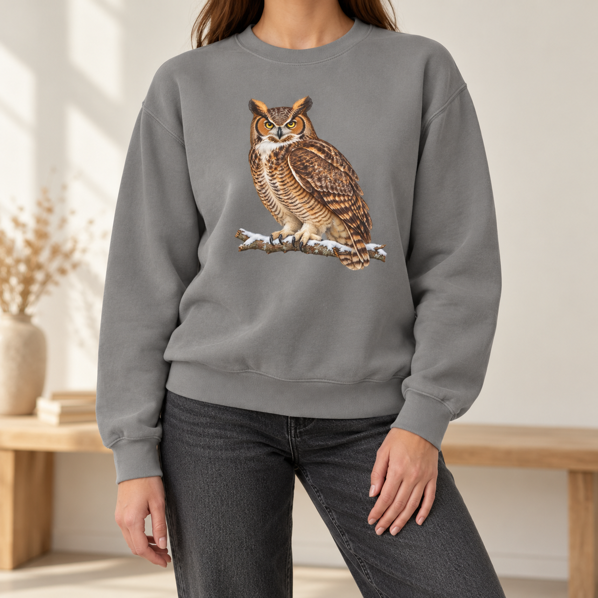 Great horned owl sweatshirt in Grey in studio light – watercolor owl on a snowy branch on a soft heathered grey Comfort Colors crewneck