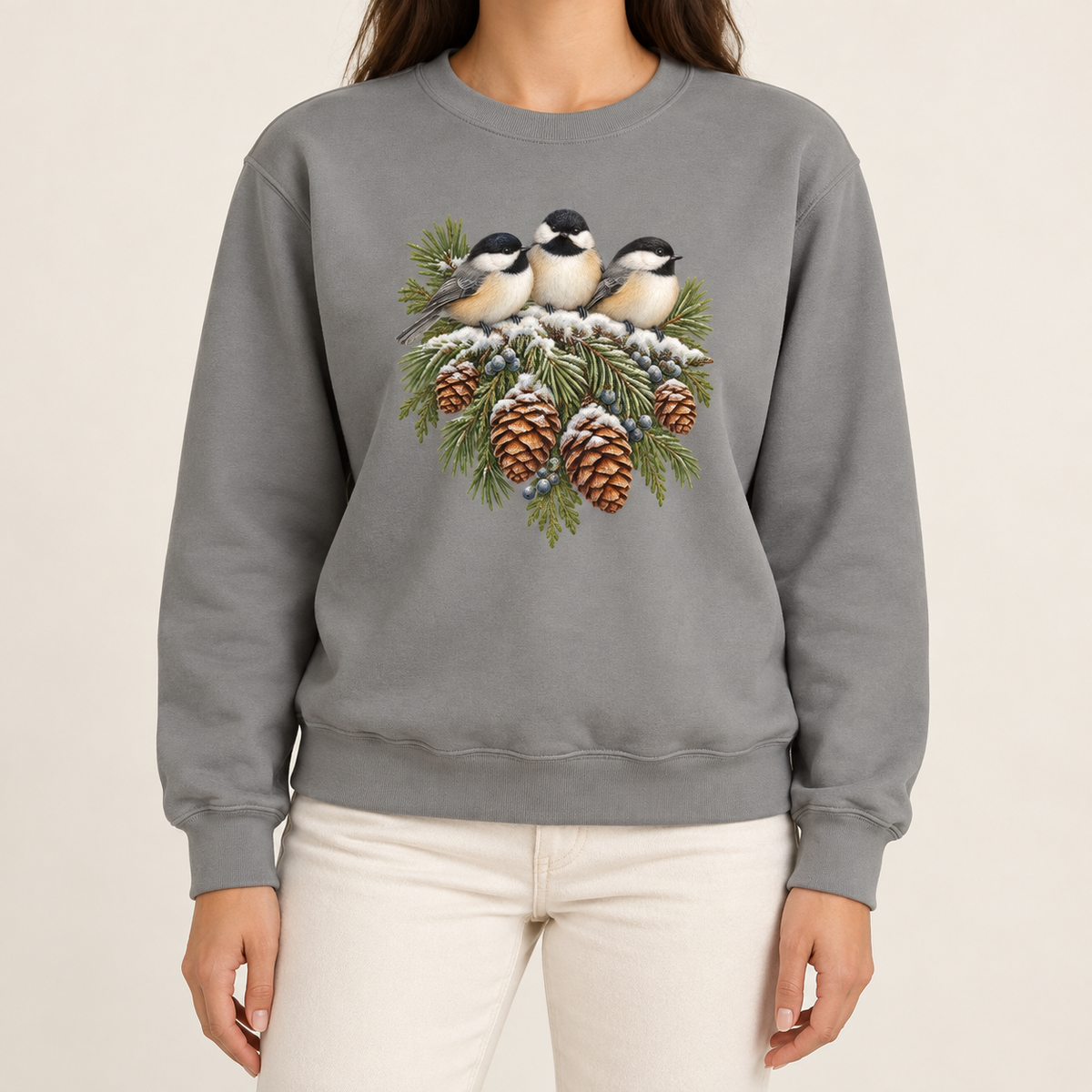 Grey chickadee sweatshirt - three snowy chickadees and pinecones on a garment-dyed Comfort Colors crewneck