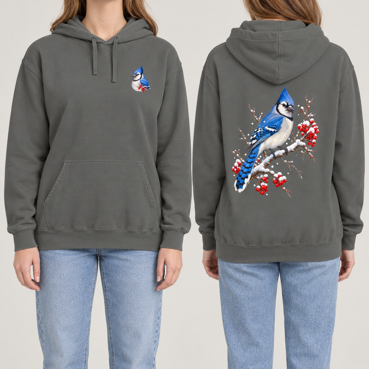 Blue Jay Winterberry hoodie in Grey, front blue jay crest and back print