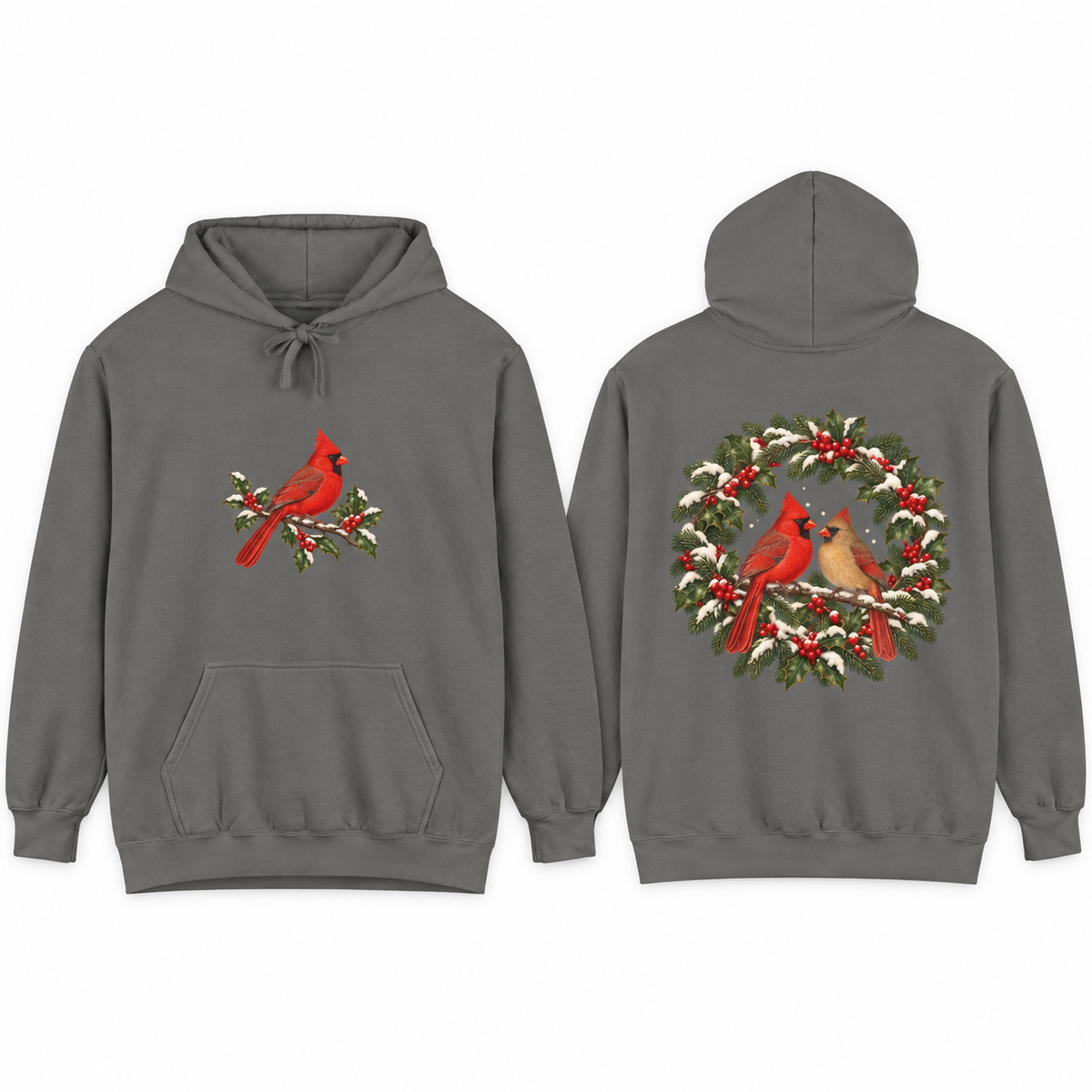 Winter Cardinal hoodie in Grey, front and back prints side by side