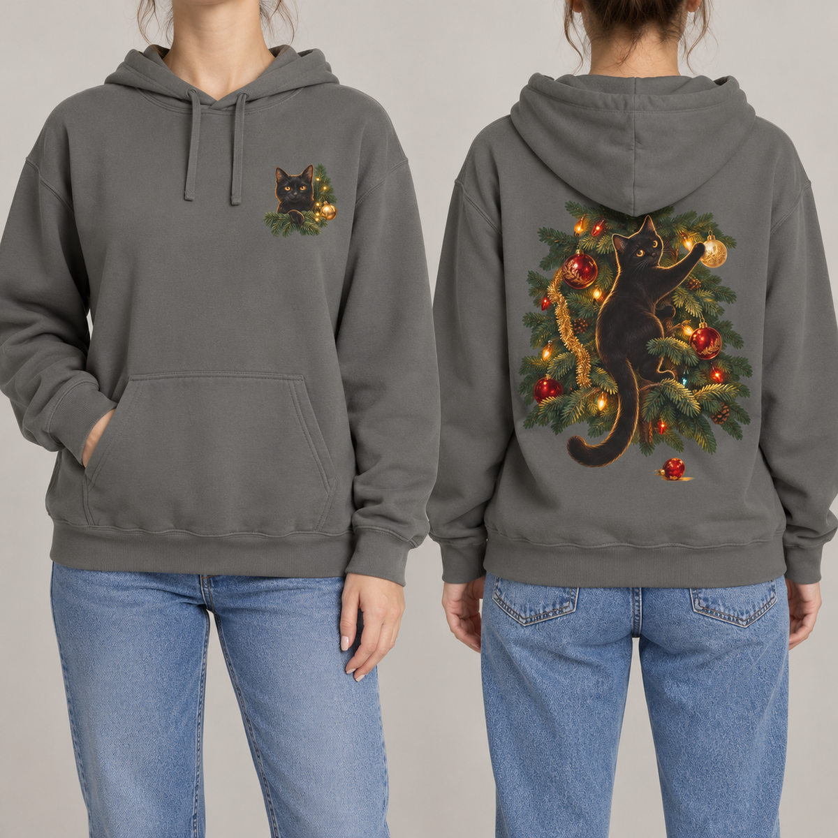 Black Cat Christmas hoodie in Grey, front crest and back scene shown side by side