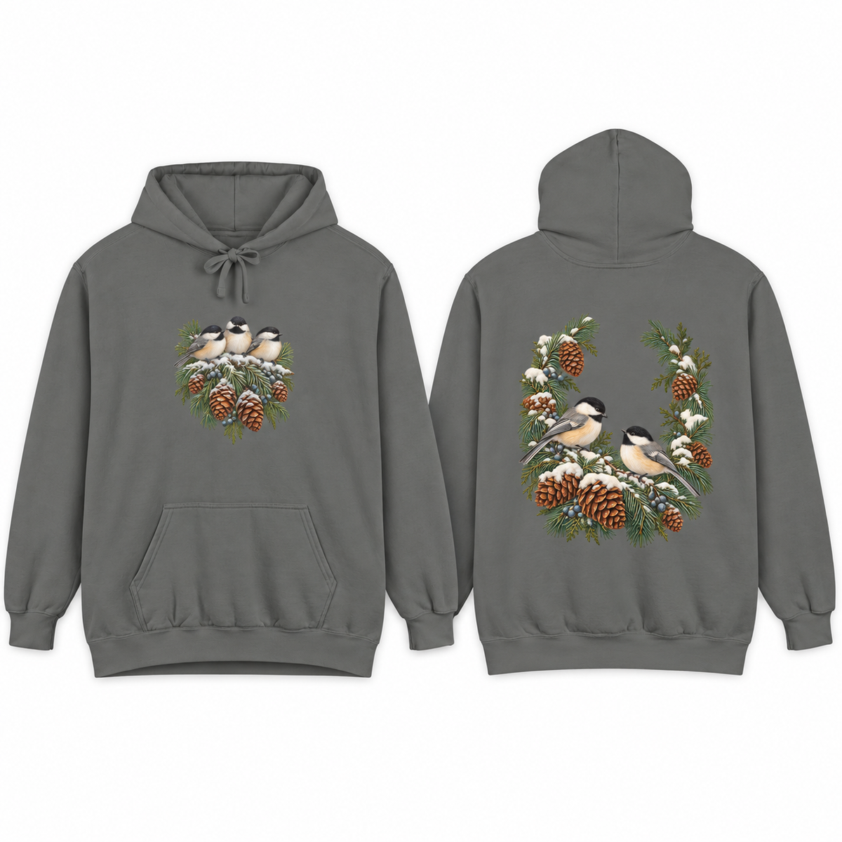 Winter Chickadee hoodie in Grey, front and back prints side by side