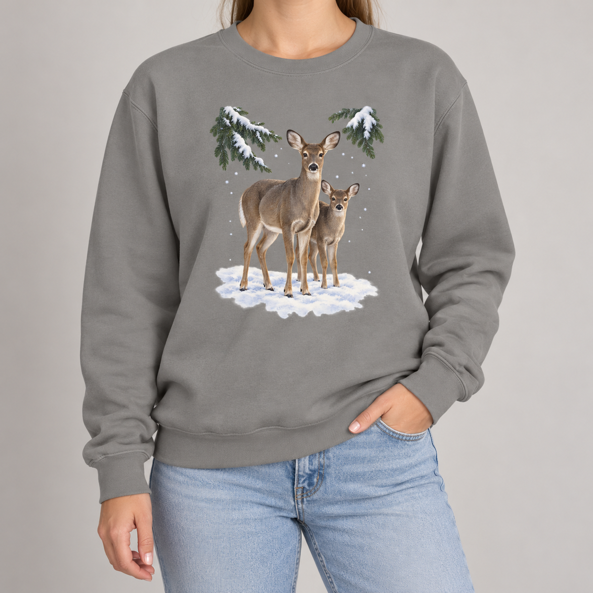 Winter Deer sweatshirt in Grey, worn, doe and fawn in the snow print