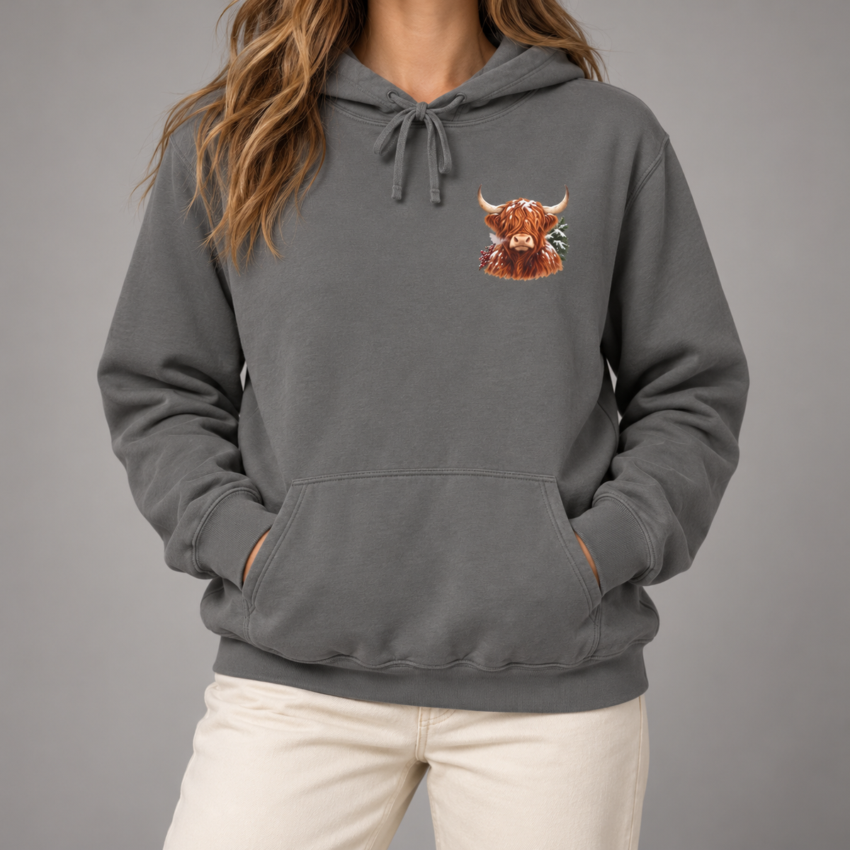 Winter Highland Cow hoodie in Grey worn, highland cow print