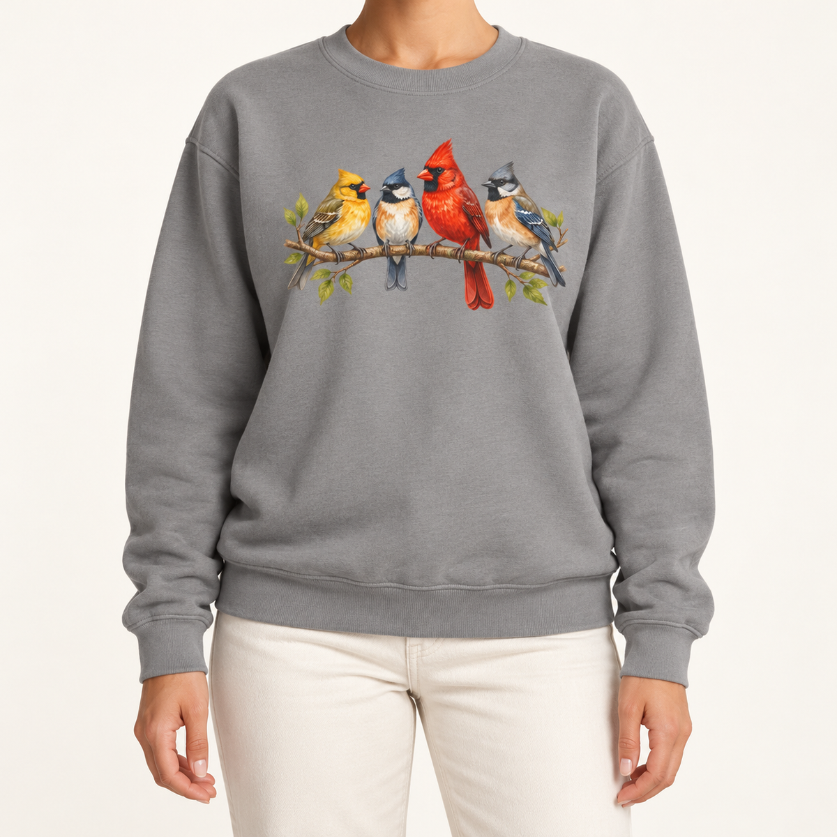 Four Colorful Songbirds on a Leafy Branch Sweatshirt in Grey - cardinal, chickadee and bluebird watercolor print on a grey garment-dyed crewneck