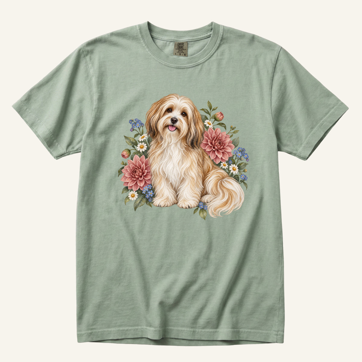 Havanese Dog T-Shirt in Bay — dog mom botanical tee on heavyweight garment-dyed cotton