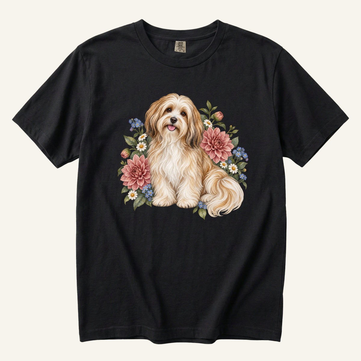 Havanese Dog T-Shirt in Black — Havanese among wildflowers on garment-dyed cotton