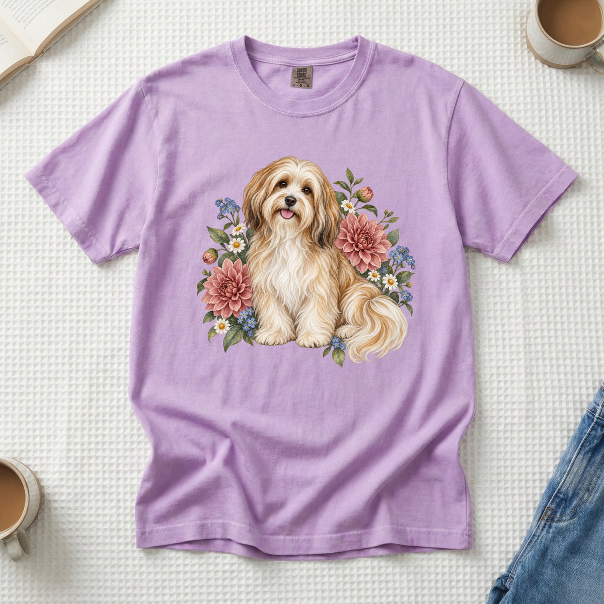 Havanese Dog T-Shirt in Orchid — Havanese and wildflower watercolor illustration