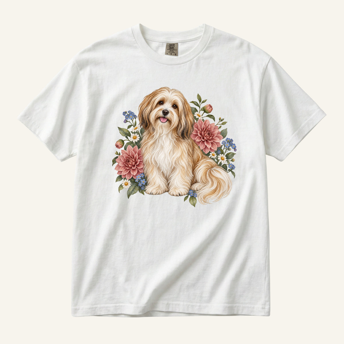 Havanese Dog T-Shirt in White — botanical Havanese portrait with dahlias and daisies, front print