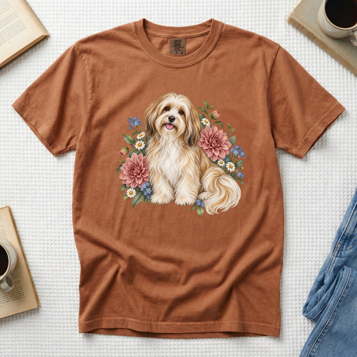 Havanese Dog T-Shirt in Yam — cream-and-gold Havanese with pink dahlias and blue forget-me-nots