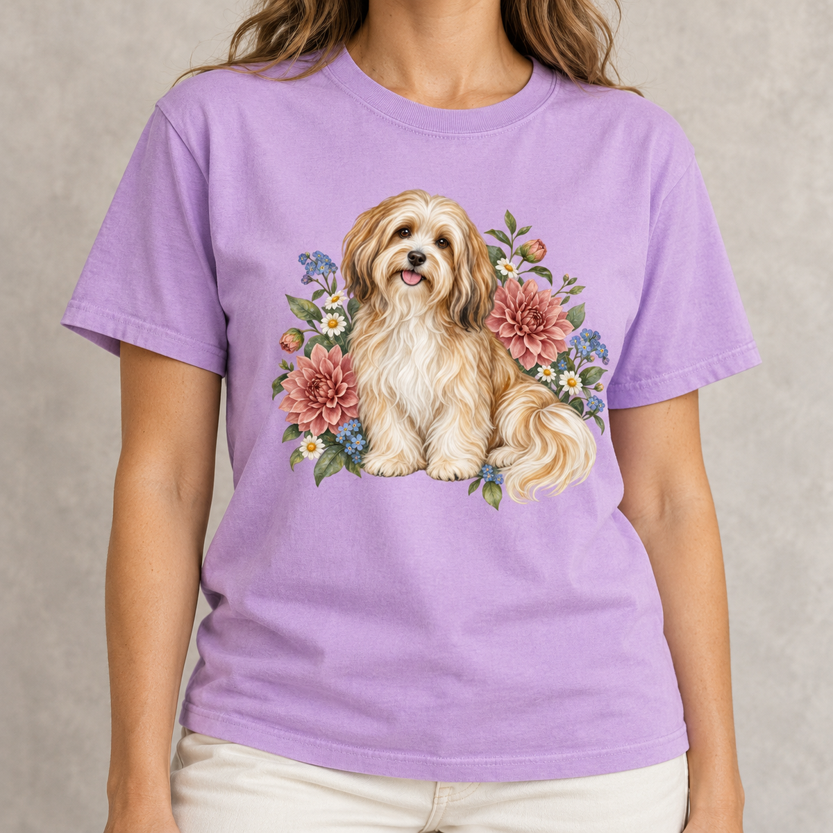 Havanese Dog T-Shirt — modelled front view of the botanical dog tee