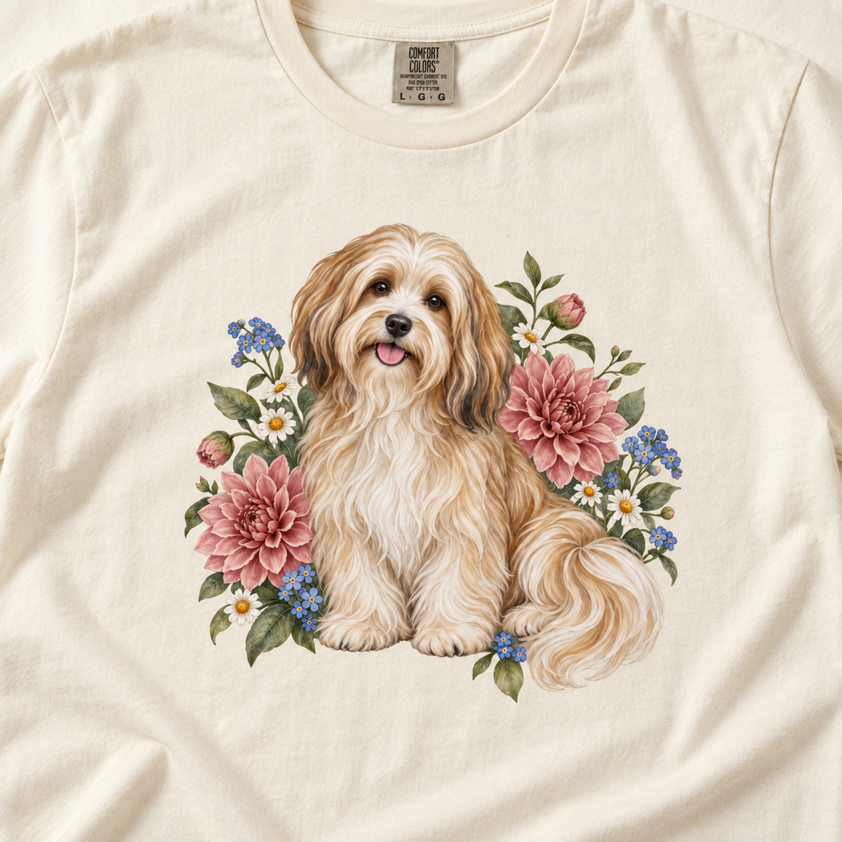 Havanese Dog T-Shirt — detail of the dahlias and forget-me-nots