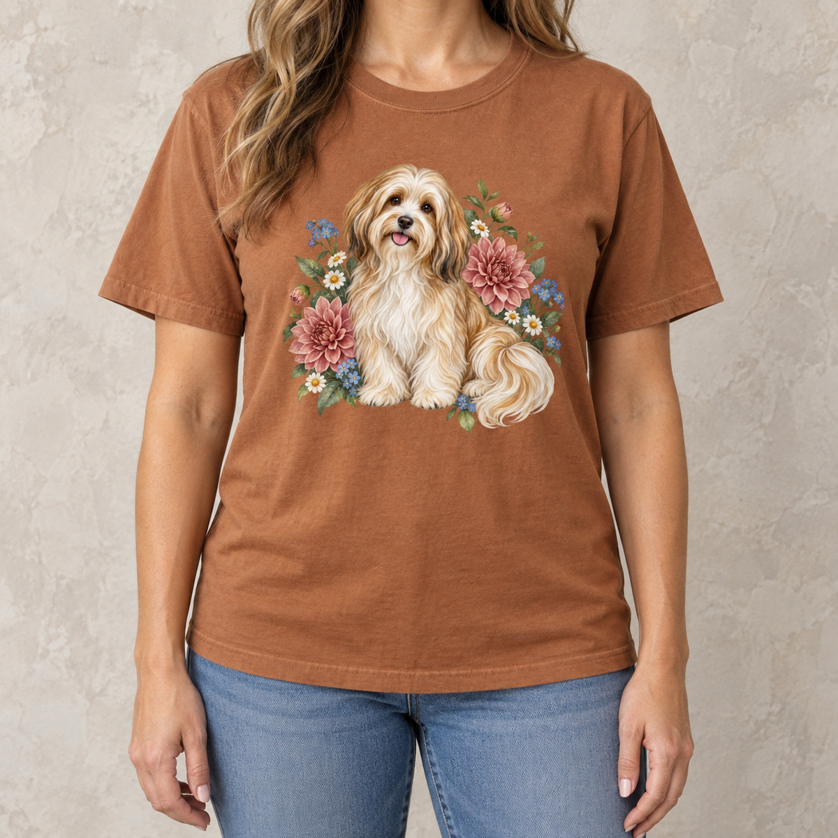 Havanese Dog T-Shirt — worn view of the Havanese floral design