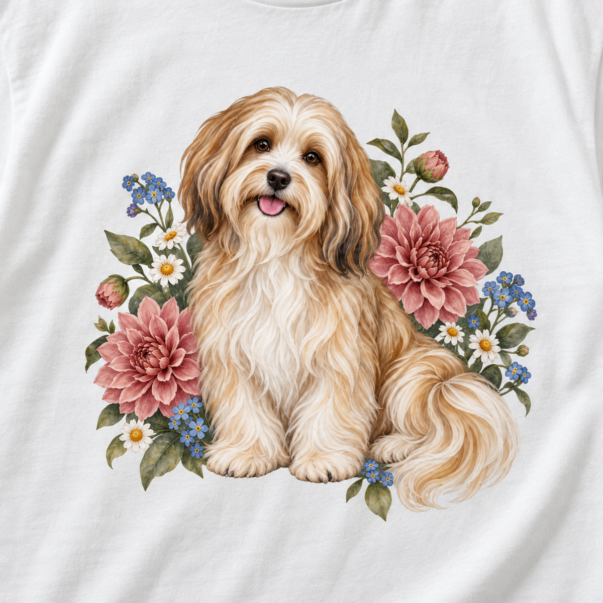 Havanese Dog T-Shirt — close view of the Havanese and wildflower artwork