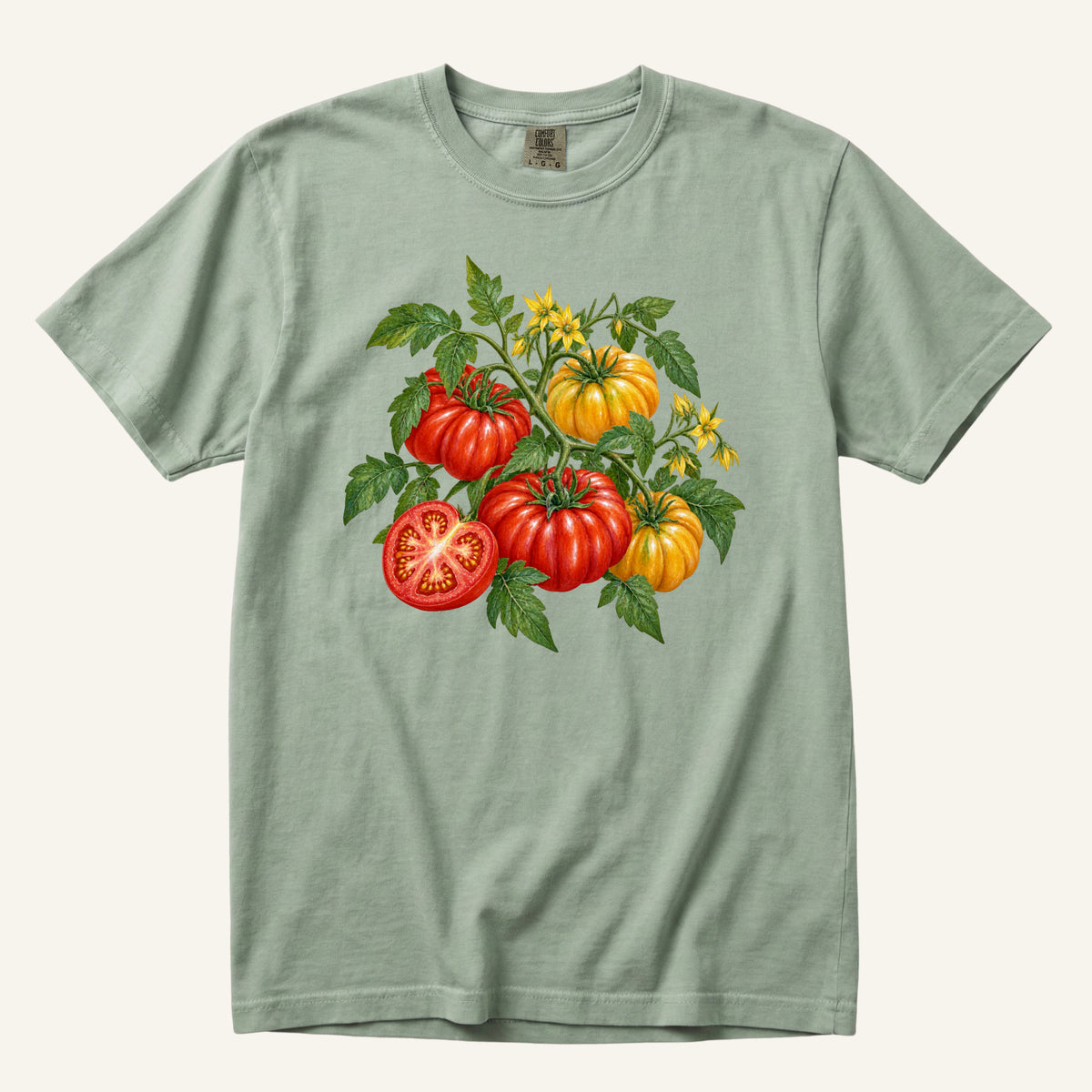 Heirloom Tomato T-Shirt in Bay — vintage botanical tomato illustration on earthy green garment-dyed cotton