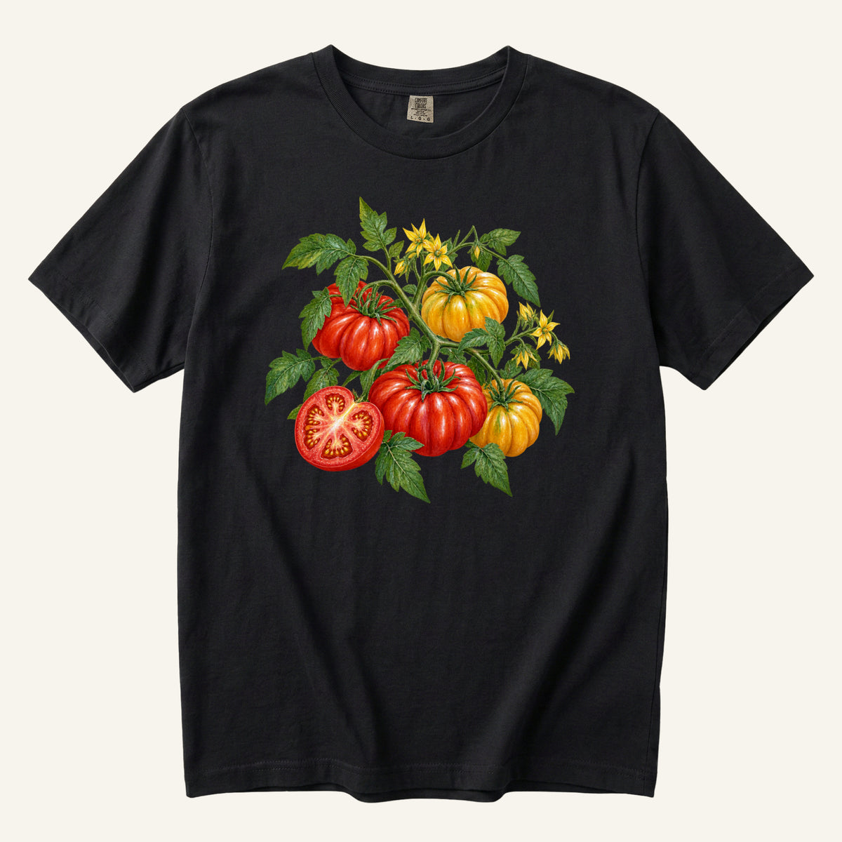 Heirloom Tomato T-Shirt in Black — heirloom tomatoes and blossoms with bold contrast, sizes S to 4XL