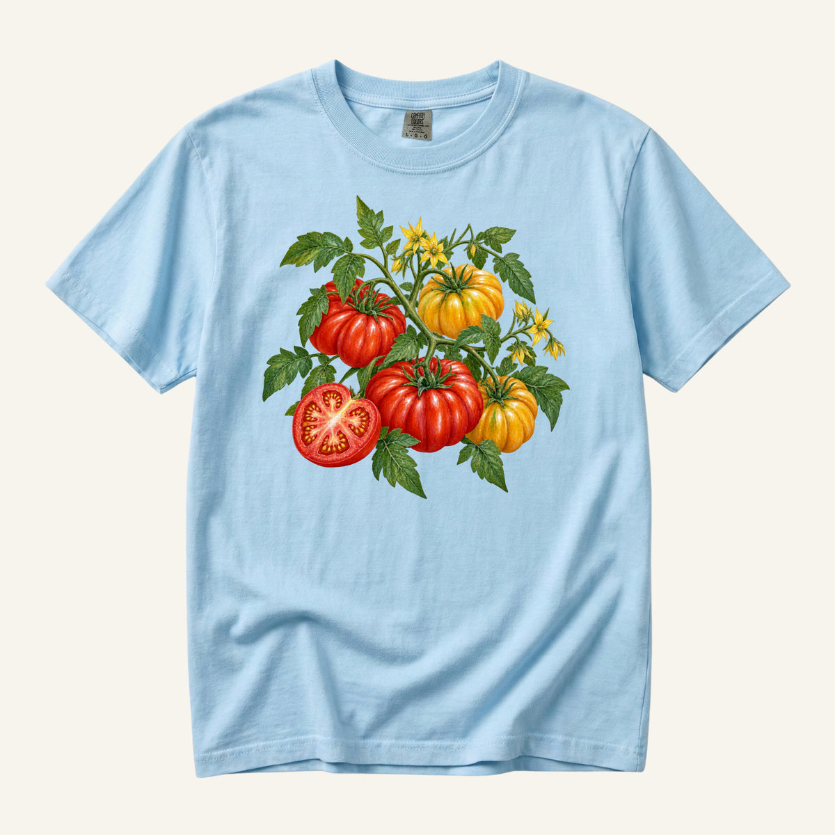 Heirloom Tomato T-Shirt in Chambray — a gardener and home cook gift, made to order in the USA