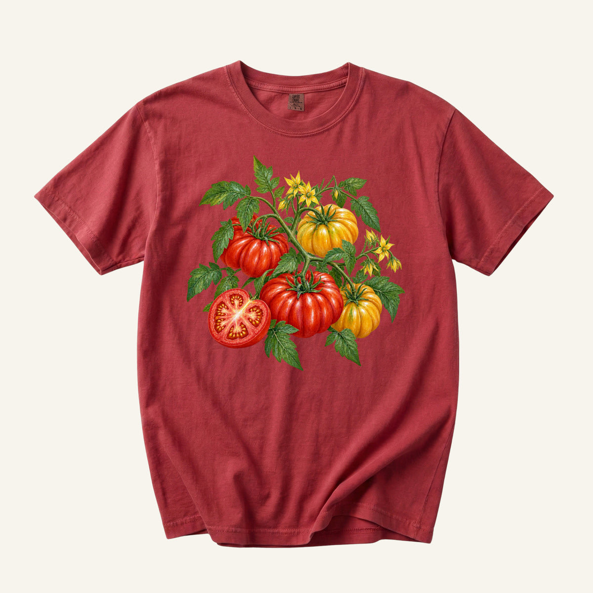 Heirloom Tomato T-Shirt in Chili — botanical vegetable garden tee with red and golden tomatoes
