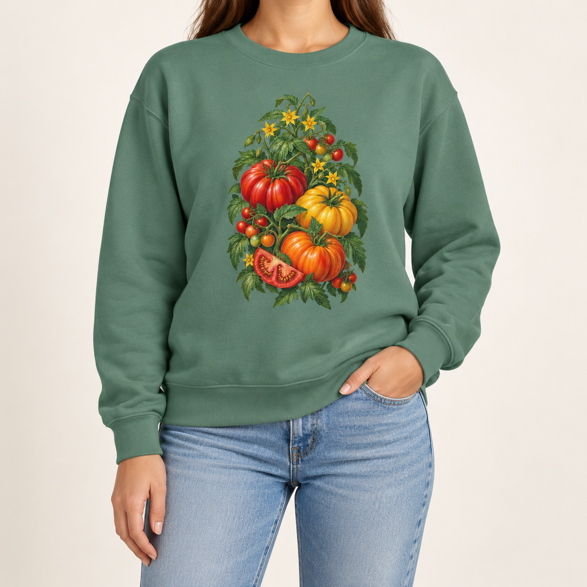 Heirloom tomato sweatshirt – red, orange and yellow heirloom tomatoes on the vine with blossoms, printed large on the chest of a Comfort Colors crewneck