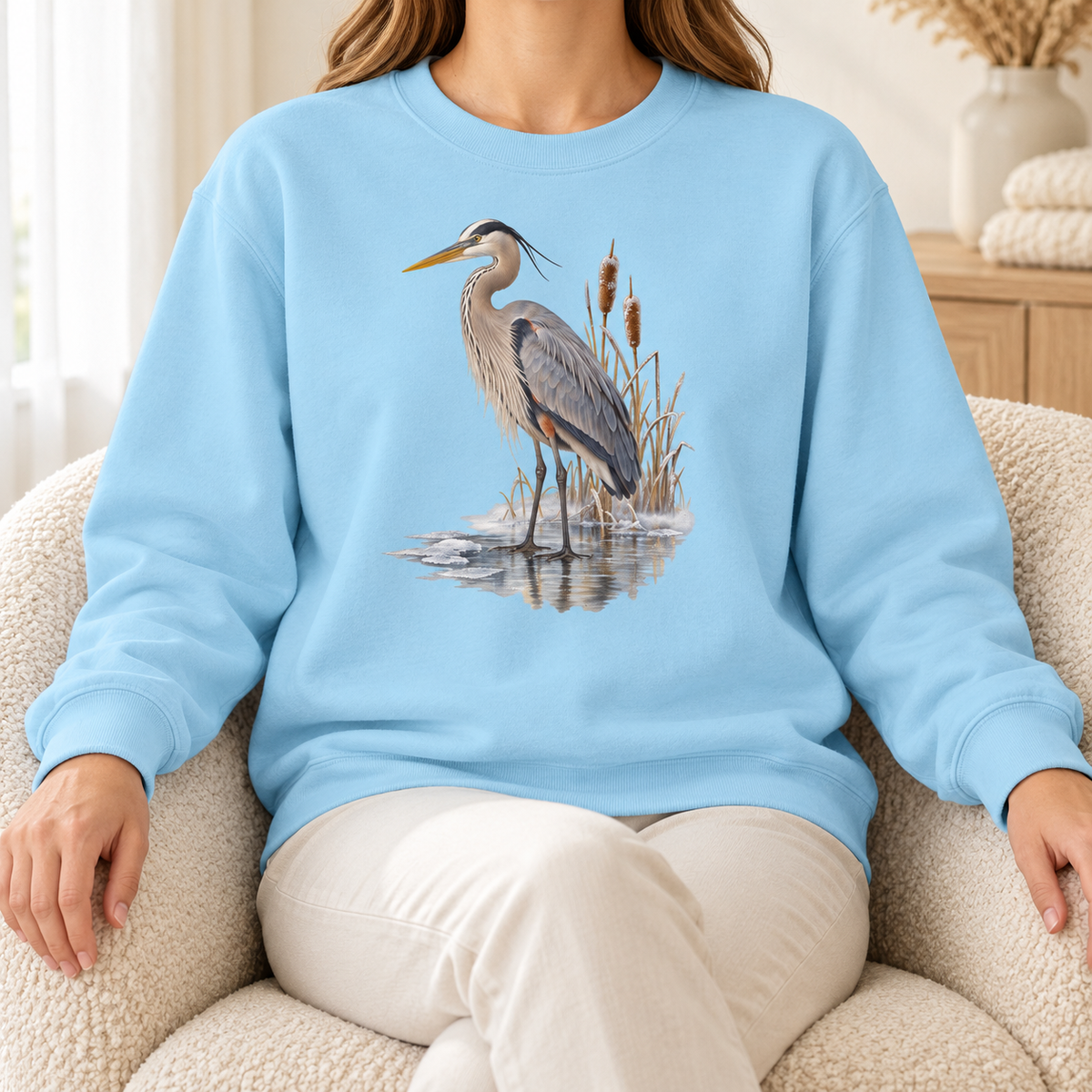 Great Blue Heron Sweatshirt in Chambray - watercolor heron at a frozen marsh with cattails, printed on a garment-dyed Comfort Colors 1566 crewneck
