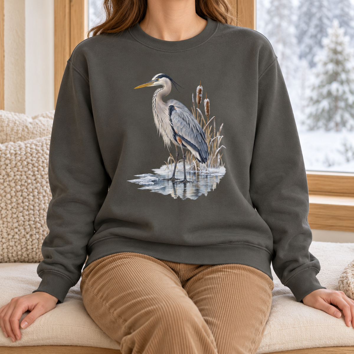 Great Blue Heron Sweatshirt in Pepper - watercolor heron at a frozen marsh with cattails, printed on a garment-dyed Comfort Colors 1566 crewneck