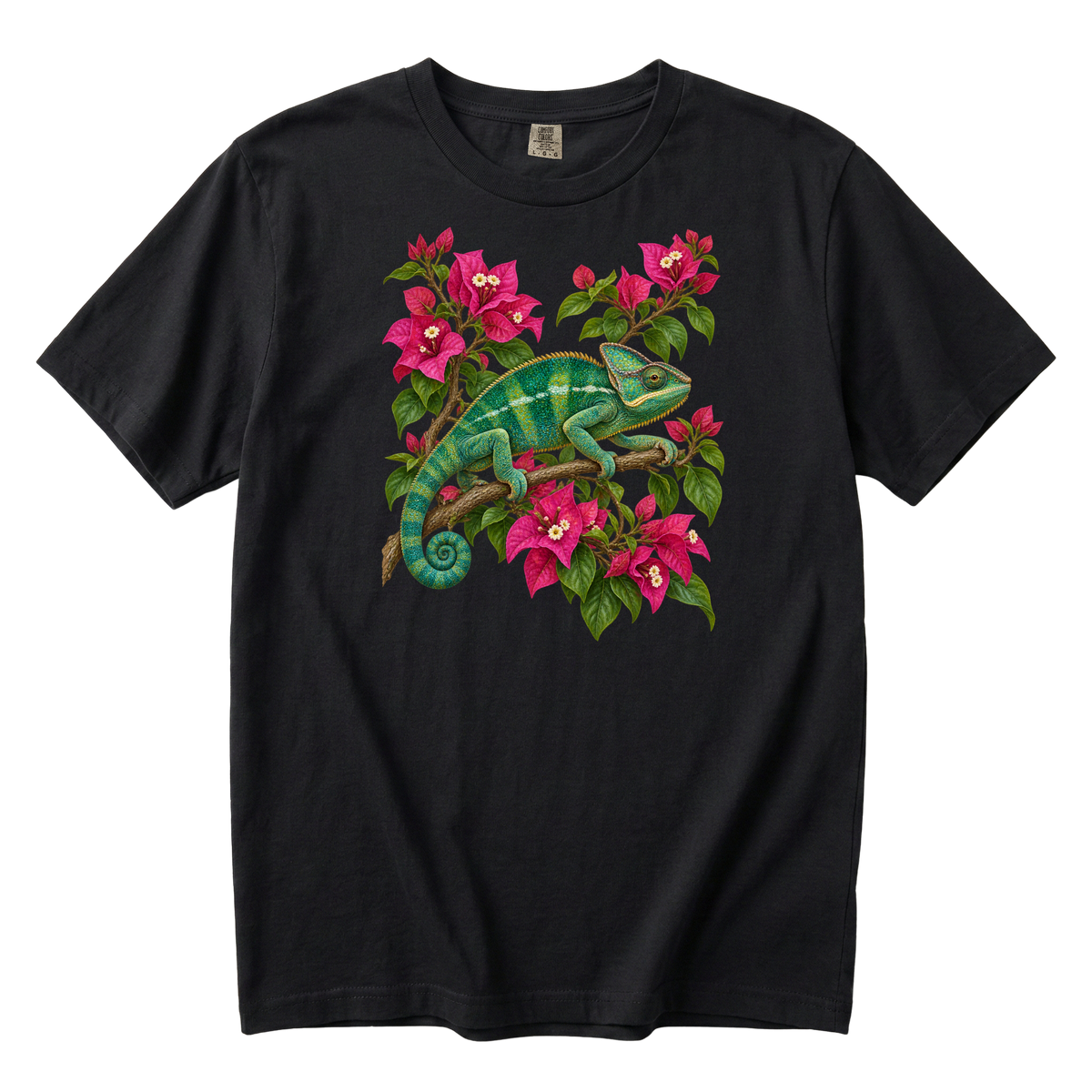 Hiding in Full Bloom chameleon and bougainvillea t-shirt in Black — green chameleon curled beneath a branch among vivid pink bougainvillea, garment-dyed Comfort Colors 1717 tee