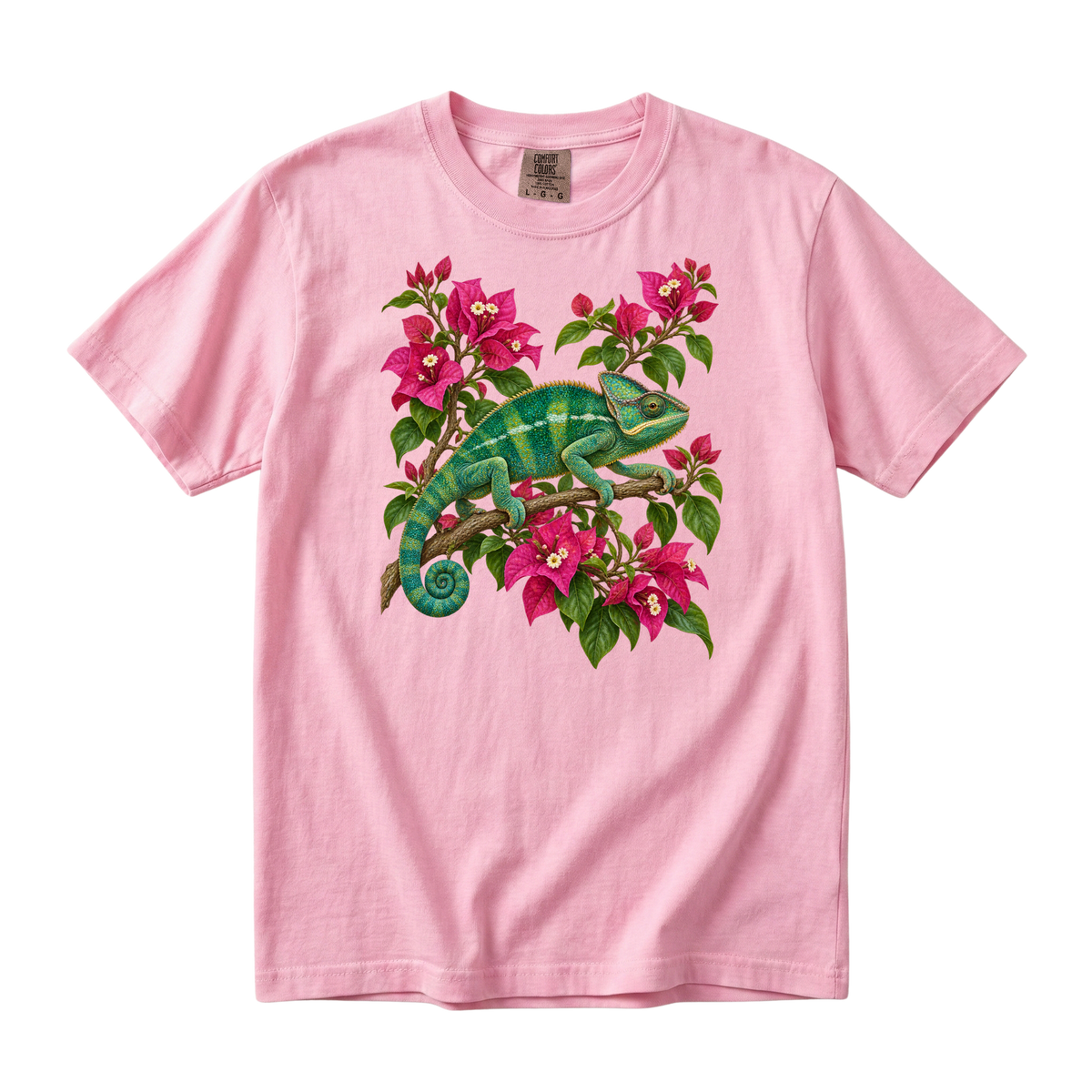 Hiding in Full Bloom chameleon and bougainvillea t-shirt in Blossom, a pale soft pink — green chameleon among pink bougainvillea and foliage, garment-dyed Comfort Colors 1717 tee