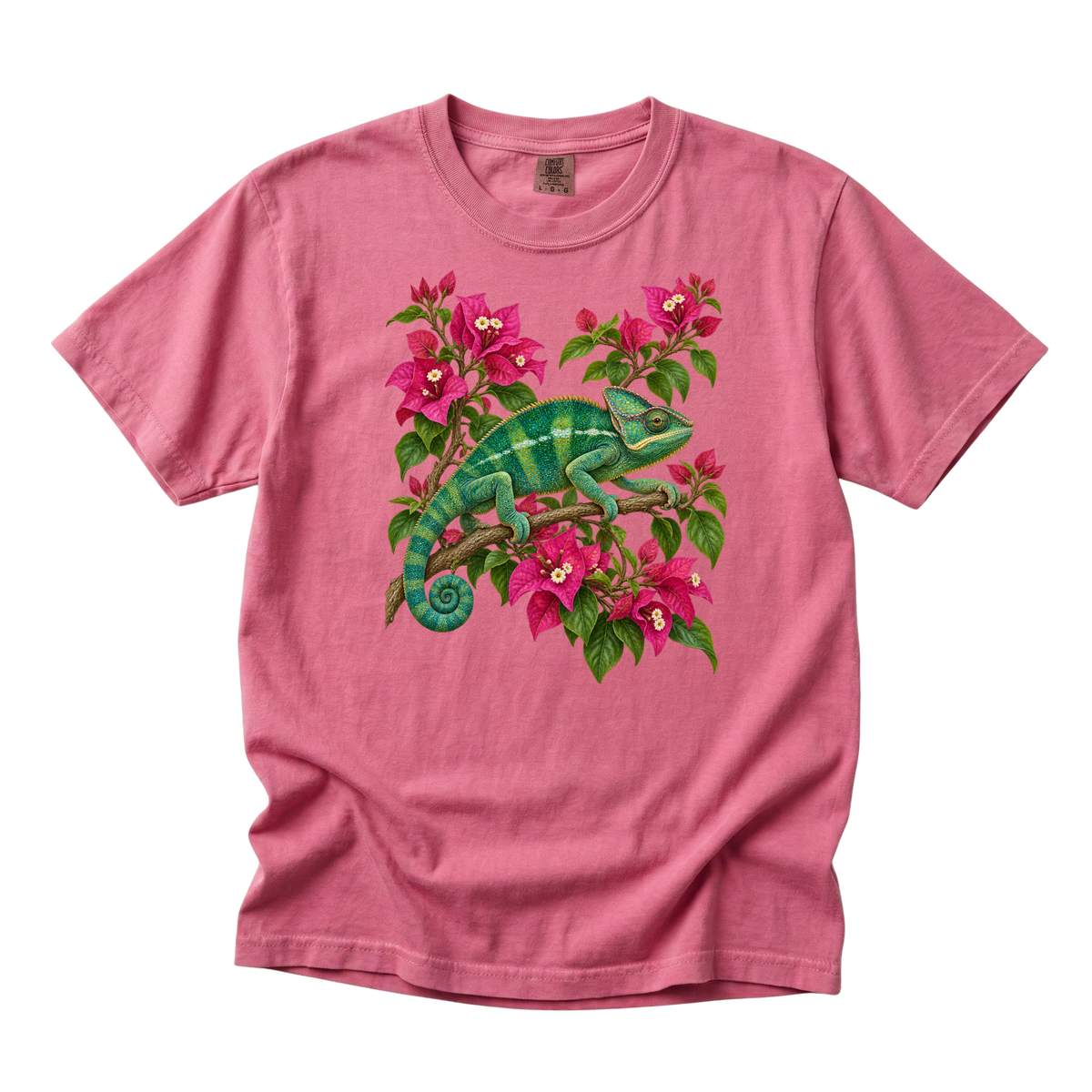 Hiding in Full Bloom chameleon and bougainvillea t-shirt in Crunchberry, a bold bright pink — green chameleon among pink bougainvillea and foliage, garment-dyed Comfort Colors 1717 tee