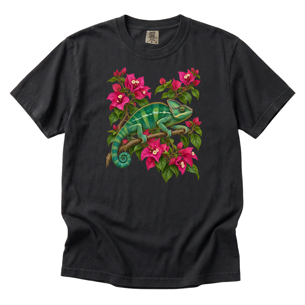 Hiding in Full Bloom chameleon and bougainvillea t-shirt in Graphite, a dark charcoal gray — green chameleon among vivid pink bougainvillea, garment-dyed Comfort Colors 1717 tee