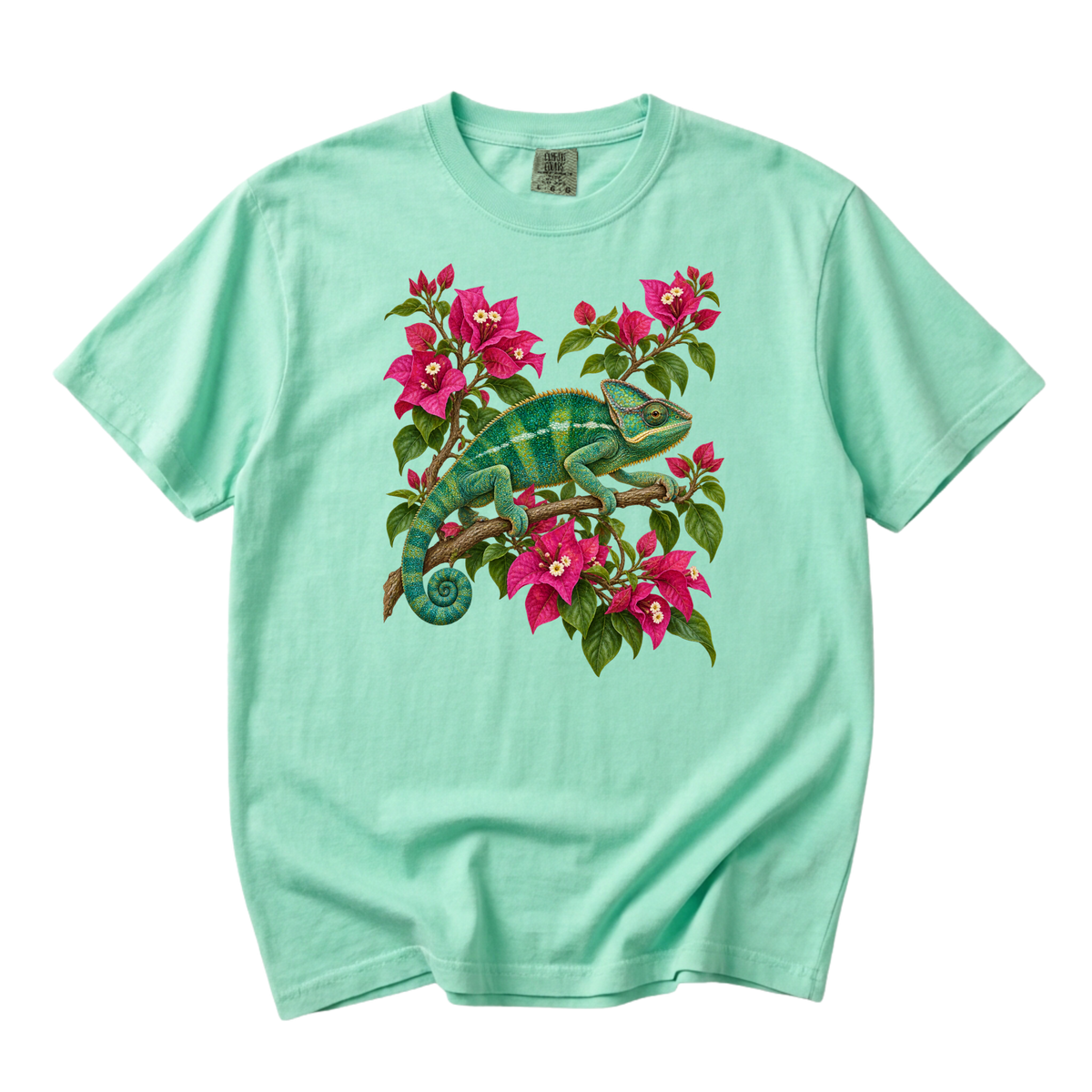 Hiding in Full Bloom chameleon and bougainvillea t-shirt in Island Reef, a pale seafoam green — green chameleon among pink bougainvillea, garment-dyed Comfort Colors 1717 tee
