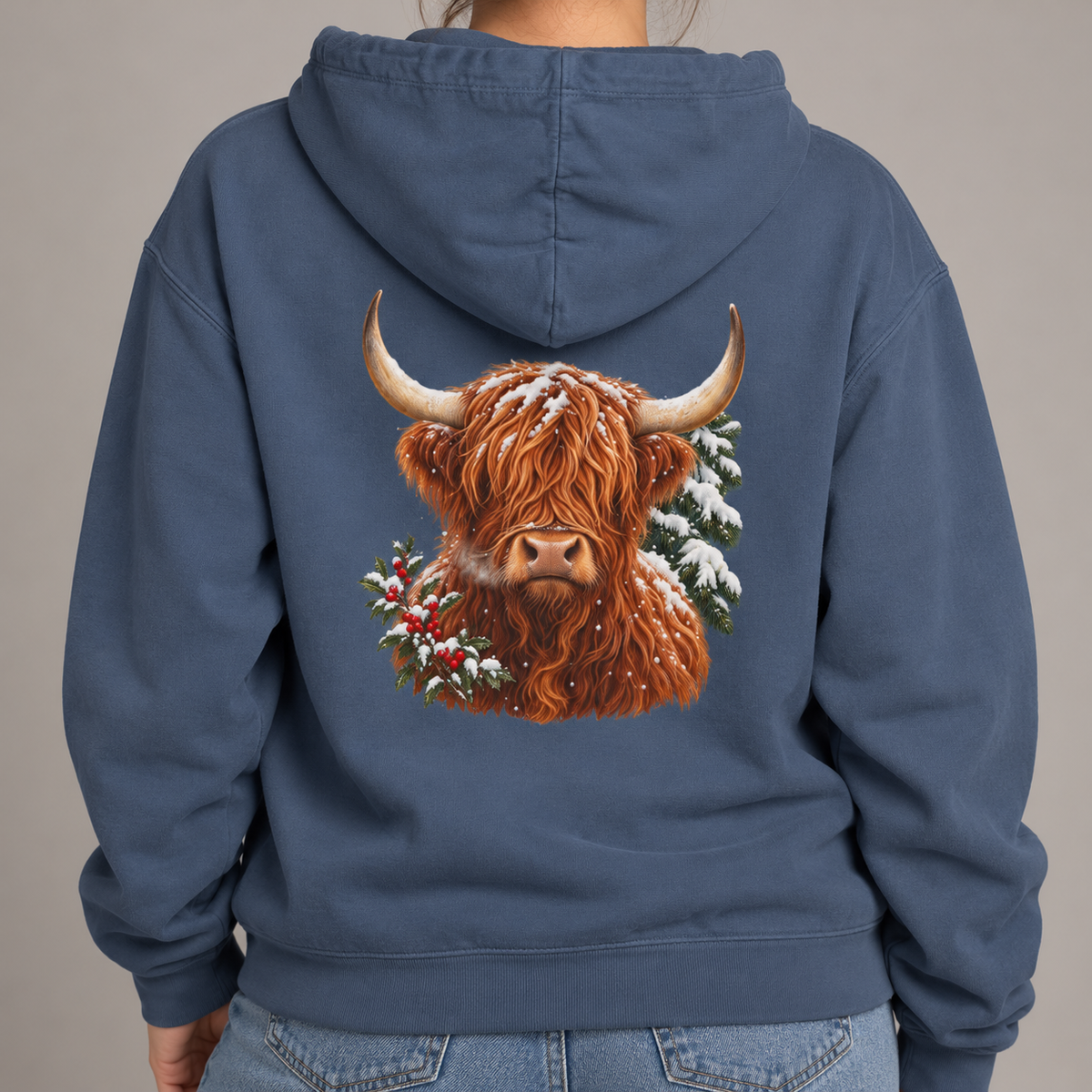 Winter Highland Cow hoodie in Denim worn with the hood down