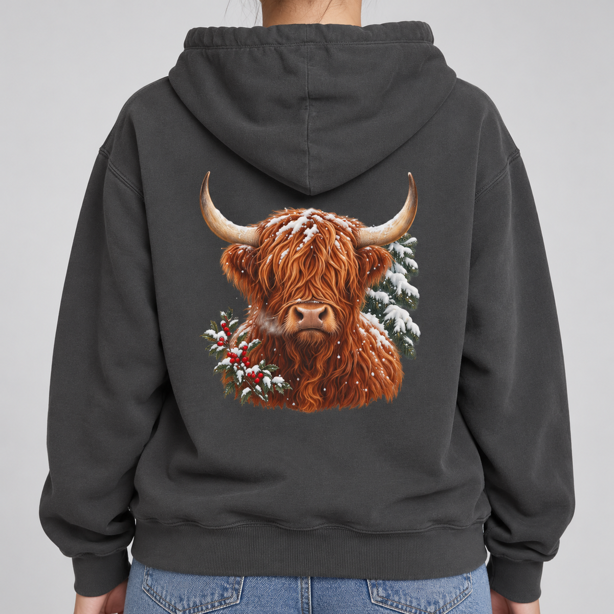 Winter Highland Cow hoodie worn with the hood down, close view of the highland cow print
