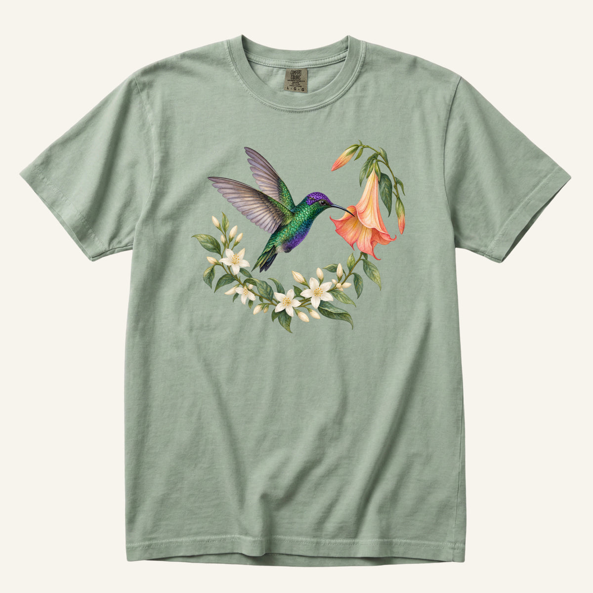 Hummingbird T-Shirt in Bay — hummingbird and angel's trumpet botanical design on garment-dyed cotton