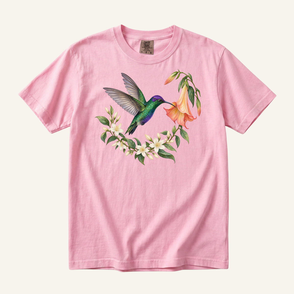 Hummingbird T-Shirt in Blossom — hummingbird hovering at a peach angel's trumpet, botanical watercolor print