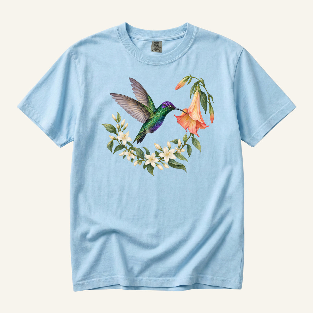 Hummingbird T-Shirt in Chambray — botanical hummingbird and angel's trumpet artwork on garment-dyed cotton