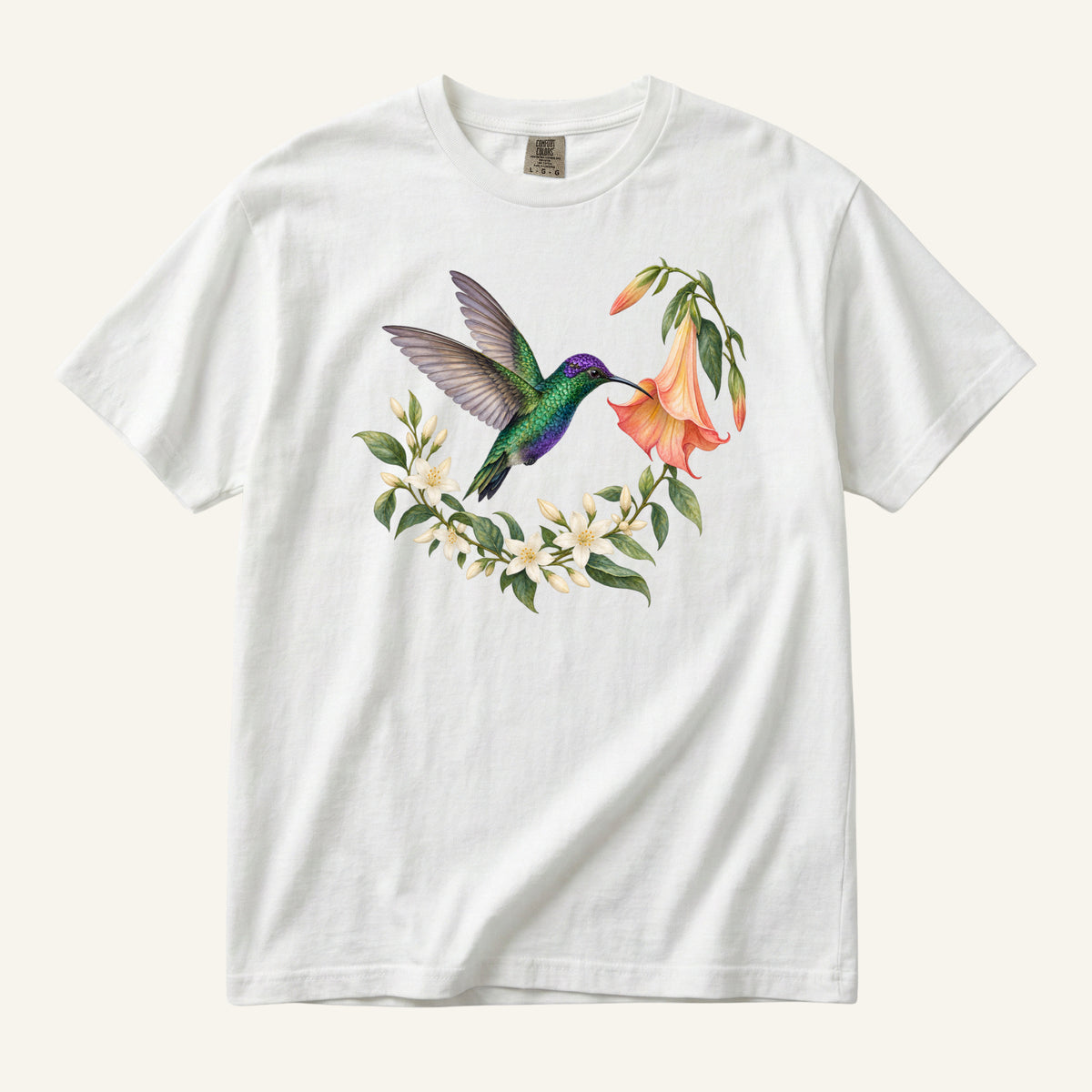Hummingbird T-Shirt in White — emerald and violet hummingbird with jasmine, front print on garment-dyed cotton