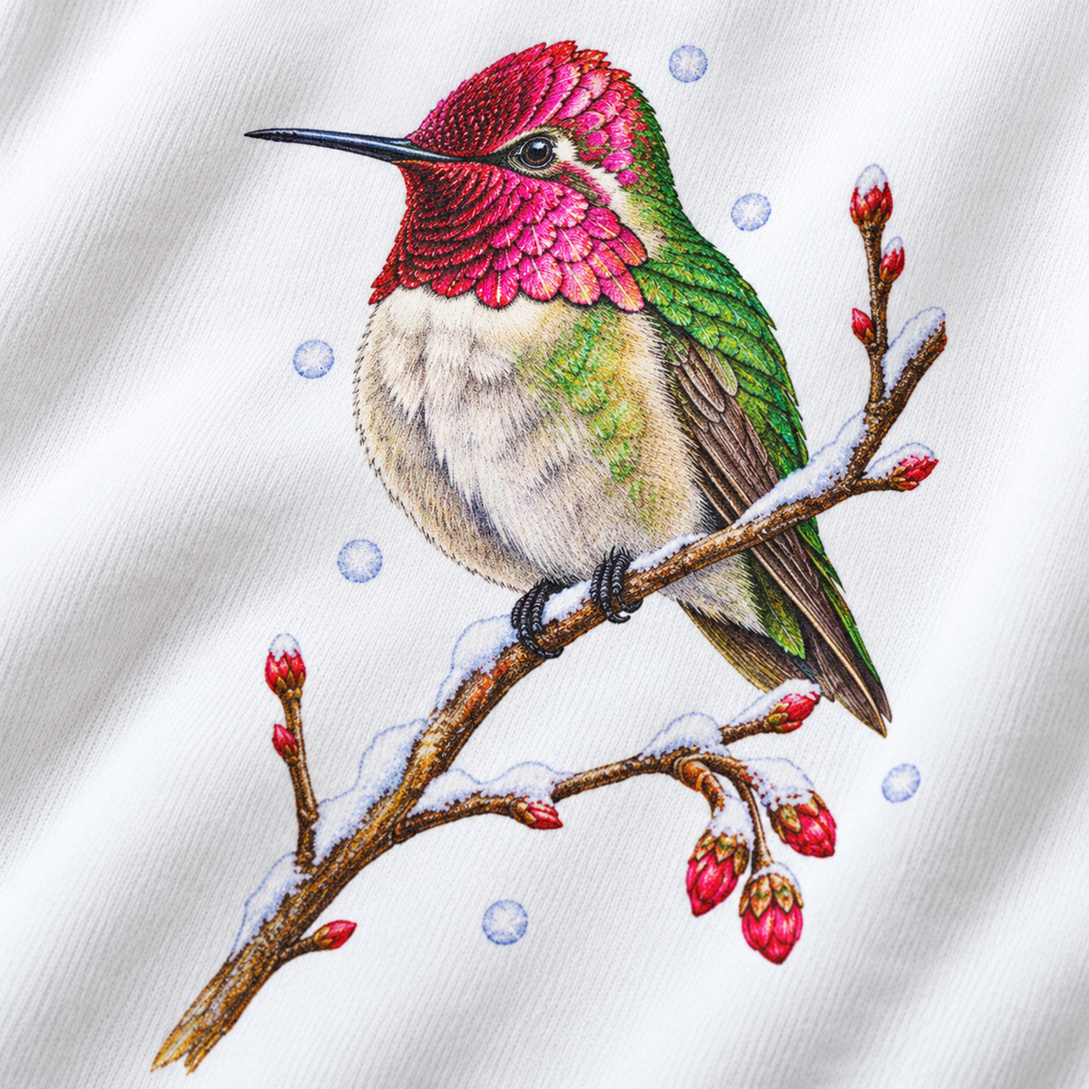 Close-up of the winter hummingbird print on a garment-dyed Comfort Colors crewneck - magenta crown and throat, emerald back, snowy twig and seed heads