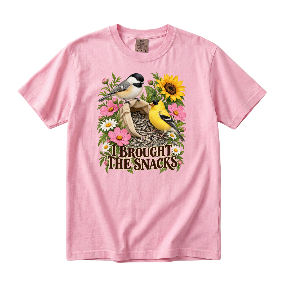 I Brought the Snacks tee in Blossom, a funny chickadee and goldfinch bird feeder print