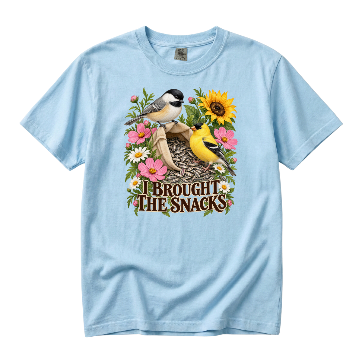 I Brought the Snacks tee in Chambray, a funny bird feeder print with pink flowers and a sunflower