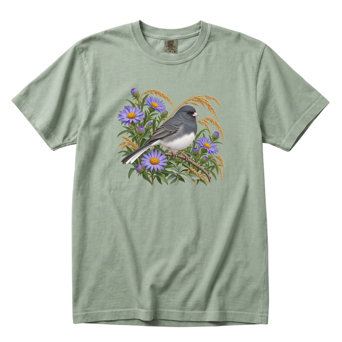 In Quiet Company junco tee in Bay, a vintage botanical junco and aster print on sage green